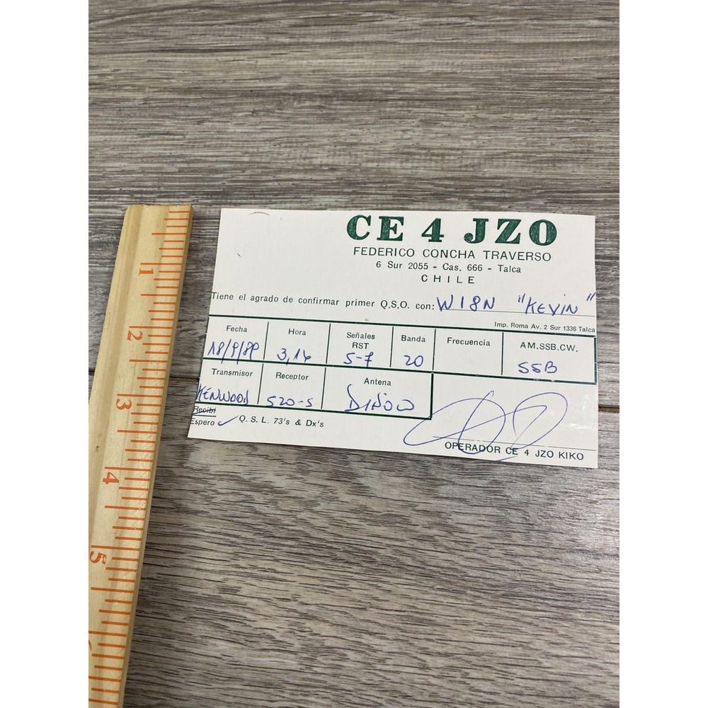 Vintage CE4JZO Chile QSL Card Ham Radio Talca 1982 Kenwood 520-S Stamped 1989